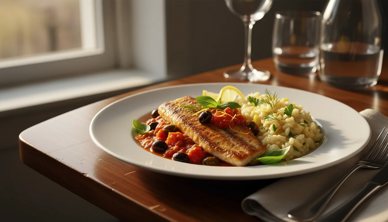 Tilápia ao Molho Mediterrâneo com Risoto de Limão Siciliano